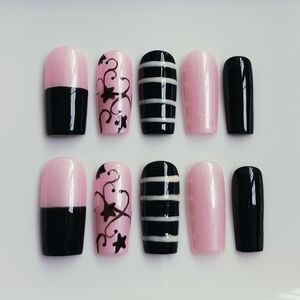 🎀Pink & black nail art set with Swirl design Handmade Gel Press on Nails 10pcs